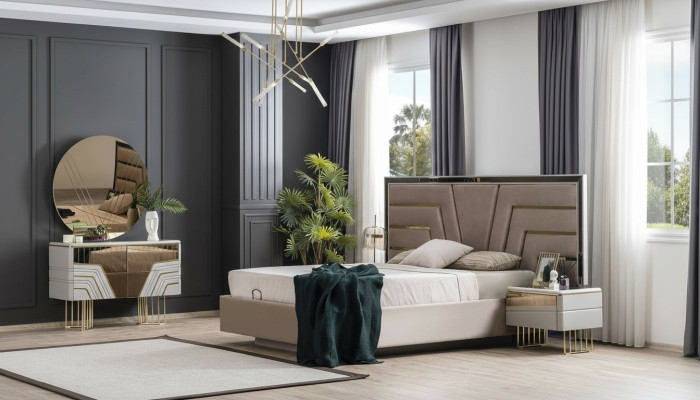 Bedroom set bed 2x nightstands chest of drawers mirror luxury set 5-piece.