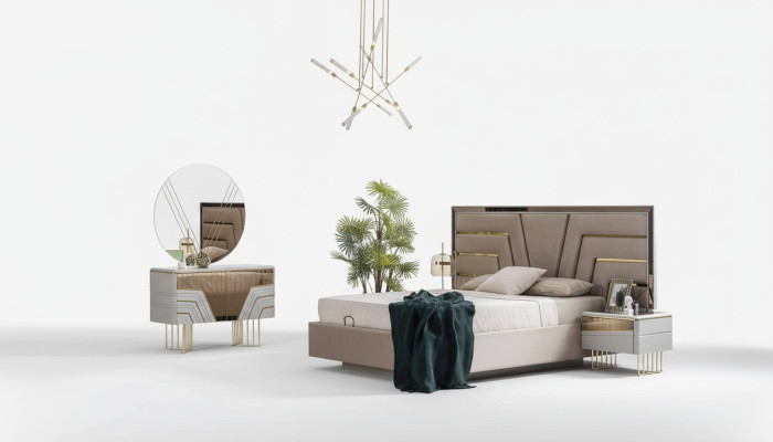 Bedroom set bed 2x nightstands chest of drawers mirror luxury set 5-piece.