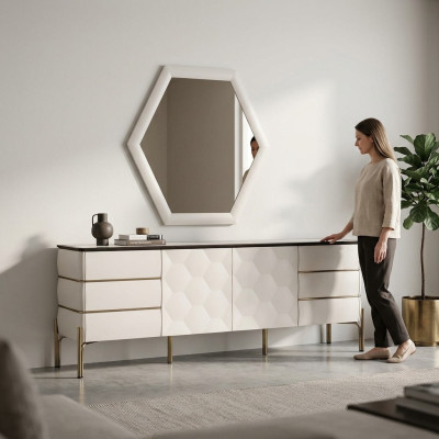Modern dining room set, designer white sideboard, large mirror 2-piece set