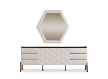 Modern dining room set, designer white sideboard, large mirror 2-piece set