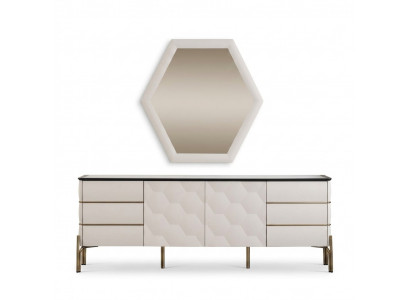 Modern dining room set, designer white sideboard, large mirror 2-piece set