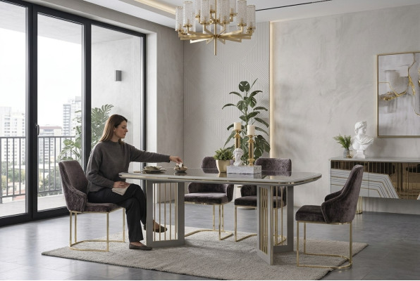 Modern dining room set dining table 4x chairs sideboard set
