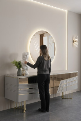 Modern silver sideboard round mirror LED lighting designer 2-piece set