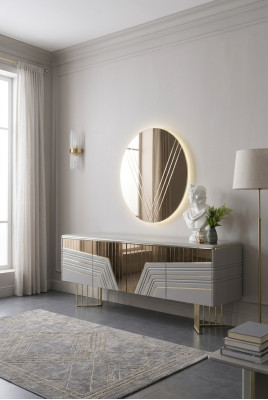 Modern silver sideboard round mirror LED lighting designer 2-piece set