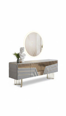Modern silver sideboard round mirror LED lighting designer 2-piece set