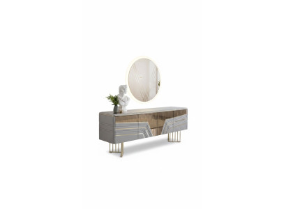 Modern silver sideboard round mirror LED lighting designer 2-piece set