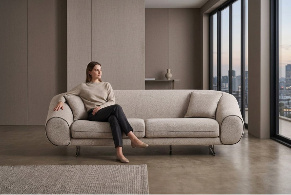 Modern beige couch living room 3-seater luxury upholstered designer sofas