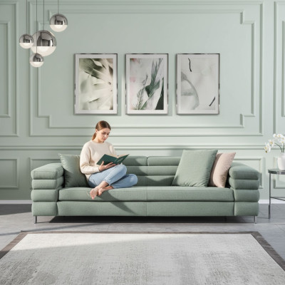 Green living room sofa with wooden frame, designer 4-seater, textile couch, modern