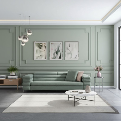 Green living room sofa with wooden frame, designer 4-seater, textile couch, modern