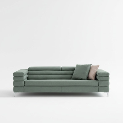 Green living room sofa with wooden frame, designer 4-seater, textile couch, modern