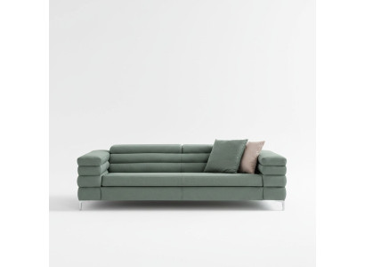 Green living room sofa with wooden frame, designer 4-seater, textile couch, modern