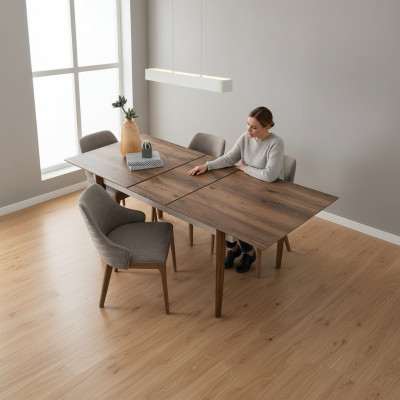Complete dining room set, dining table with 4 brown upholstered chairs, 5-piece set