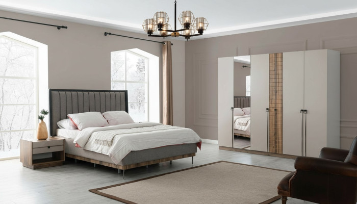 Bedroom modern set textile double bed wood wardrobe 4-piece