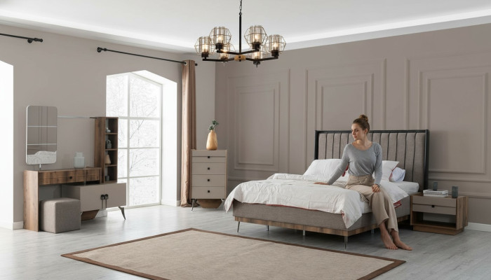 Gray bedroom set double bed 2x nightstands wood dressing table