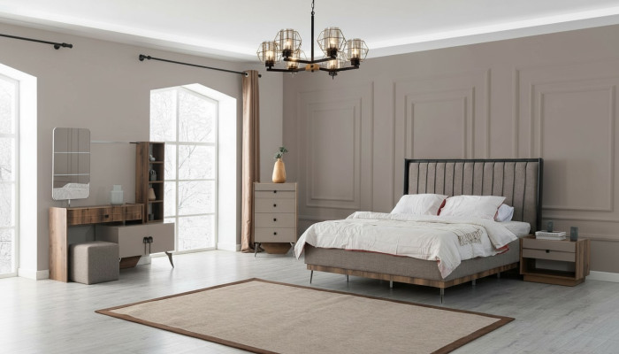 Gray bedroom set double bed 2x nightstands wood dressing table