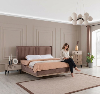 Brown bedroom set upholstered double bed 2x nightstands wood dresser