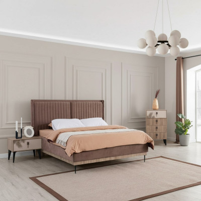Brown bedroom set upholstered double bed 2x nightstands wood dresser