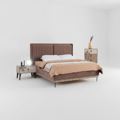 Brown bedroom set upholstered double bed 2x nightstands wood dresser