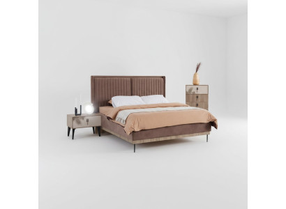 Brown bedroom set upholstered double bed 2x nightstands wood dresser