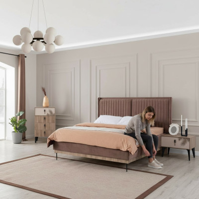 Brown bedroom double bed designer wood modern 2x nightstands