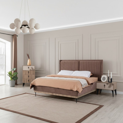 Brown bedroom double bed designer wood modern 2x nightstands