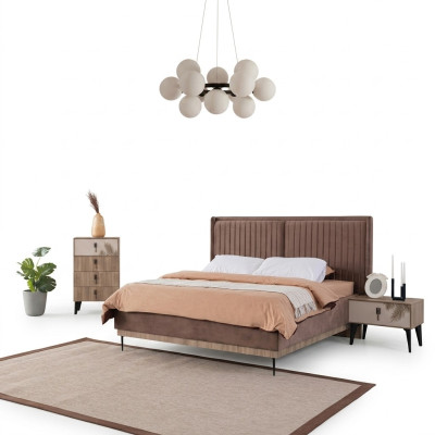 Brown bedroom double bed designer wood modern 2x nightstands