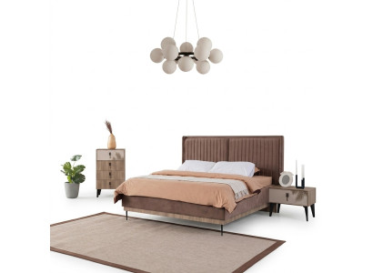 Brown bedroom double bed designer wood modern 2x nightstands