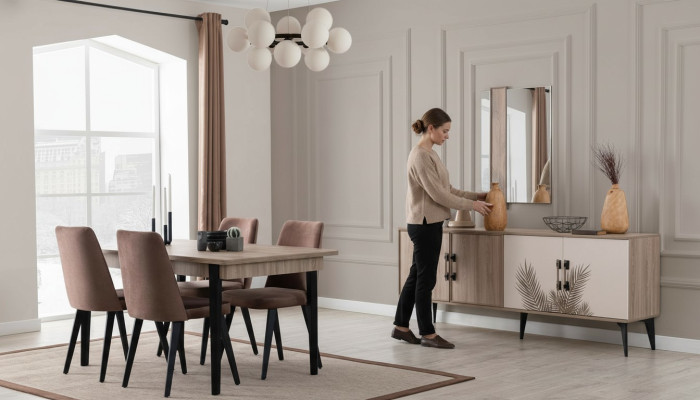 Brown dining room set luxury dining table 4x chairs sideboard mirror