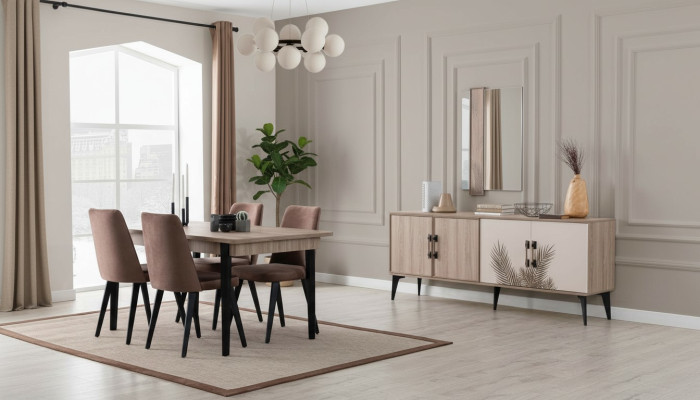 Brown dining room set luxury dining table 4x chairs sideboard mirror
