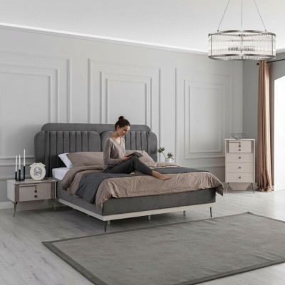 Bedroom Modern Set Gray Double Bed 2x Designer Bedside Tables 3-piece Set