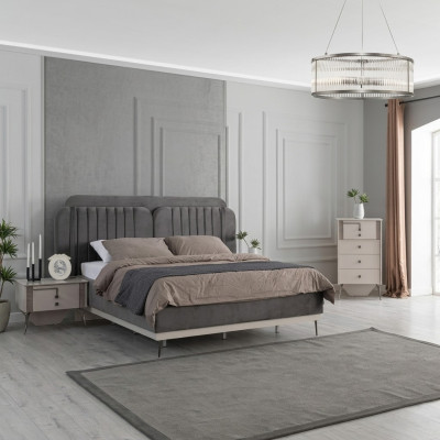 Bedroom Modern Set Gray Double Bed 2x Designer Bedside Tables 3-piece Set