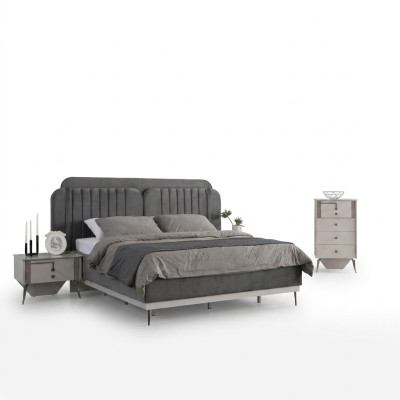 Bedroom Modern Set Gray Double Bed 2x Designer Bedside Tables 3-piece Set