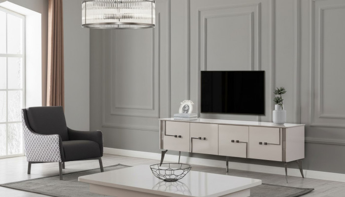 Beige TV cabinet designer coffee table luxury living room furniture wood 2-piece set