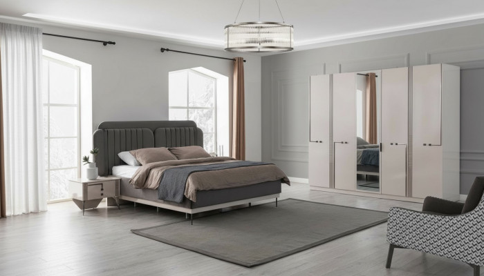 Modern bedroom set double bed nightstand wardrobe luxury