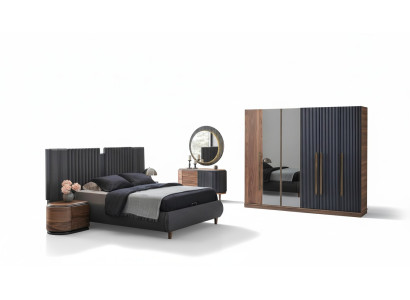 Black-Beige Bedroom Set Designer Double Bed 2x Nightstands