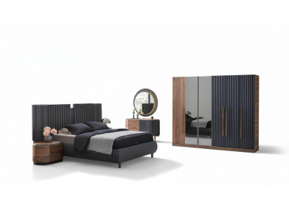 Black-Beige Bedroom Set Designer Double Bed 2x Nightstands
