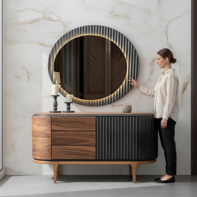 Brown dresser with drawers LED mirror designer bedroom set