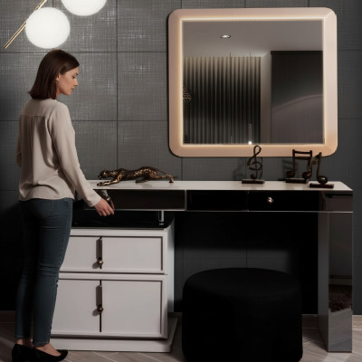 White vanity table designer rectangular mirror upholstered stool 3-piece set