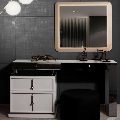 White vanity table designer rectangular mirror upholstered stool 3-piece set