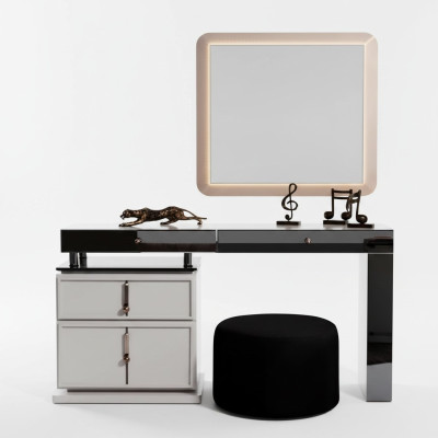 White vanity table designer rectangular mirror upholstered stool 3-piece set