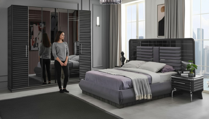 Upholstered bed wooden nightstands wardrobe designer bedroom set