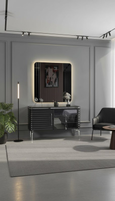 Black bedroom set designer dresser with LED mirror fixture