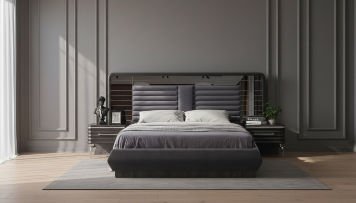Gray bedroom set double bed 2x bedside tables with drawers