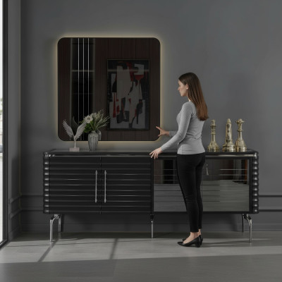 Stylish Dining Room Set Luxury Black Sideboard Mirror Wooden Furniture