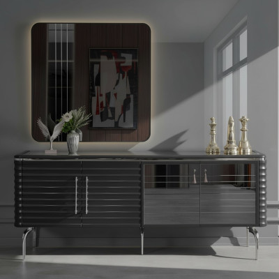 Stylish Dining Room Set Luxury Black Sideboard Mirror Wooden Furniture