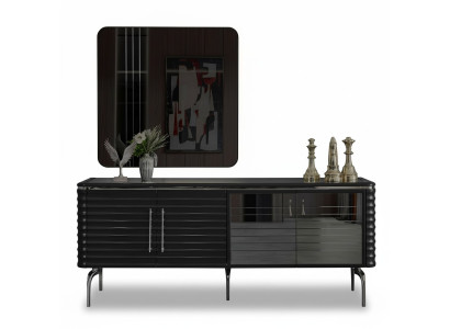 Stylish Dining Room Set Luxury Black Sideboard Mirror Wooden Furniture