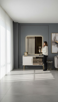 Stylish White Dresser with Round LED Mirror Bedroom Set 2-Piece