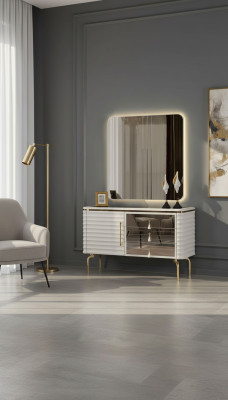 Stylish White Dresser with Round LED Mirror Bedroom Set 2-Piece