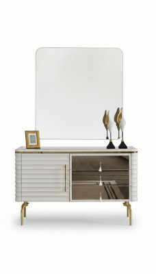 Stylish White Dresser with Round LED Mirror Bedroom Set 2-Piece