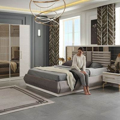 Modern bedroom furniture designer double bed 2x wooden nightstands 3-piece set
